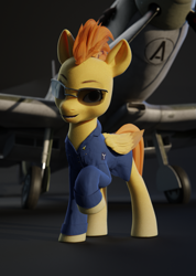 Size: 1193x1674 | Tagged: safe, artist:lun4, imported from derpibooru, spitfire, pegasus, pony, equestria at war mod, 3d, fighter plane, g4, g4 to g5, g5, generation leap, my little pony: a new generation, namesake, plane, pun, sunglasses, supermarine spitfire, visual pun, world war ii