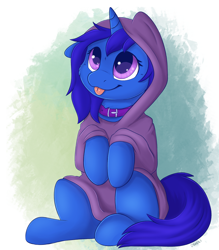 Size: 2048x2341 | Tagged: safe, artist:dbleki, imported from derpibooru, oc, oc only, oc:delly, pony, unicorn, :p, clothes, collar, cute, female, hoodie, mare, oversized clothes, simple background, sitting, solo, tongue out