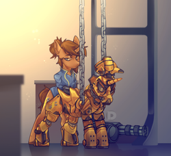 Size: 960x876 | Tagged: safe, artist:devi_shade, imported from derpibooru, oc, oc:coppercore, pony, unicorn, fallout equestria, armor, clothes, commission, crane, indoors, jumpsuit, minigun, pipbuck, power armor, vault suit, ych result