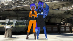 Size: 1244x700 | Tagged: safe, artist:tychotma-1, imported from derpibooru, princess luna, oc, alicorn, anthro, human, belt, boots, clothes, dark skin, dress, duo, humanized, ily sign, kisekae, millenium falcon, pants, photo, resistance, shirt, shoes, sign language, star wars, tail, vest, wings