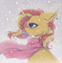 Size: 2000x2040 | Tagged: safe, artist:saltyvity, imported from derpibooru, sunset shimmer, pony, unicorn, bandage, bubble, bubblegum, clothes, cold, cool, cute, ear piercing, earring, female, food, gray background, gum, jewelry, mare, piercing, red hair, sad, sad eyes, sad pony, scarf, simple background, snow, snowfall, solo