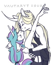 Size: 1280x1623 | Tagged: safe, artist:vautaryt, imported from derpibooru, oc, oc only, anthro, unicorn, clothes, curved horn, ear piercing, earring, eyes closed, female, horn, hug, jewelry, kissing, lesbian, nose piercing, nose ring, piercing, simple background, transparent background