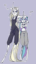 Size: 1087x1920 | Tagged: safe, artist:vautaryt, imported from derpibooru, oc, oc only, anthro, unguligrade anthro, unicorn, belly button, clothes, curved horn, female, height difference, horn, lavender background, long legs, midriff, pants, simple background, tanktop