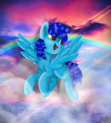 Size: 1000x1100 | Tagged: safe, artist:snowheart200412, imported from derpibooru, oc, oc:apply, pegasus, cloud, flying, happy, heterochromia, male, pegasus oc, rainbow, scenery, spread wings, stallion, wings