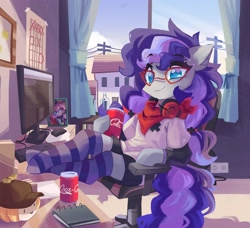 Size: 4096x3732 | Tagged: safe, artist:saxopi, imported from derpibooru, oc, oc only, oc:cinnabyte, oc:lillybit, earth pony, semi-anthro, bandana, baseball cap, blue eyes, bow, building, cap, chair, clothes, coca-cola, colored pupils, computer, computer screen, drink, earth pony oc, eyebrows, eyebrows visible through hair, eyelashes, female, framed picture, glasses, hat, headphones, high res, looking at you, mare, multicolored mane, multicolored tail, office chair, red glasses, shirt, shorts, socks, striped socks, t-shirt, table, tail, telephone pole, window