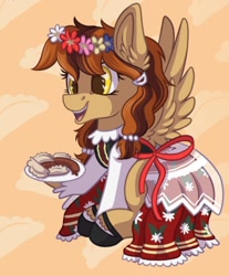 Size: 696x840 | Tagged: safe, artist:julunis14, artist:kikirdcz, imported from derpibooru, oc, oc only, oc:poffertje, pegasus, pony, clothes, cropped, dress, female, folk costume, food, mare, open mouth, open smile, pegasus oc, pierogi, plate, poland, ponycon holland, sitting, smiling, solo, spread wings, traditional dress, wings