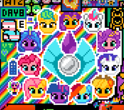 Size: 709x626 | Tagged: safe, imported from derpibooru, applejack, fluttershy, hitch trailblazer, izzy moonbow, pinkie pie, pipp petals, rainbow dash, rarity, sunny starscout, twilight sparkle, zipp storm, alicorn, earth pony, pegasus, pony, unicorn, applejack's hat, april fools, ball, cowboy hat, doctor who, earth pony crystal, g5, hat, horn, hornball, izzy's tennis ball, mane five (g5), mane six, pegasus crystal, pixel art, pride, pride flag, r/place, reddit, tardis, tennis ball, tinytardis, trans flag, transgender pride flag, unicorn crystal, unity crystals