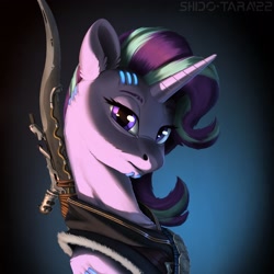 Size: 2500x2500 | Tagged: safe, artist:shido-tara, imported from derpibooru, starlight glimmer, bust, collaboration, collaboration:choose your starlight, crossover, horizon zero dawn, looking at you, portrait, simple background, solo, technology