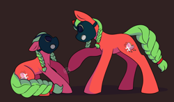 Size: 1280x748 | Tagged: safe, artist:magical-horses, imported from derpibooru, oc, oc only, oc:sweet release, earth pony, pony, braid, braided pigtails, braided tail, brown background, clone, cowering, doppelganger, earth pony oc, gas mask, green mane, hair tie, mask, red coat, simple background, tail, threatening