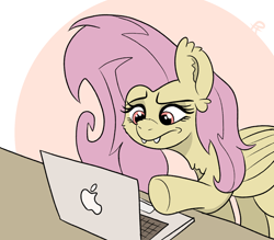 Size: 1570x1374 | Tagged: safe, artist:doodledonutart, imported from derpibooru, fluttershy, bat pony, pony, apple (company), bat ponified, comic, computer, ear fluff, ear tufts, fangs, female, flutterbat, folded wings, laptop computer, looking at something, macbook, mare, race swap, solo, underhoof, wings