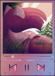 Size: 1740x2400 | Tagged: safe, artist:miryelis, imported from derpibooru, pinkie pie, earth pony, pony, button, female, flower, grass, long hair, lying down, mp3 player, music, nature, on back, pinkamena diane pie, solo, text