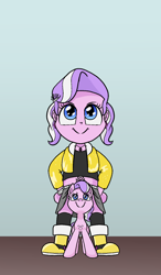 Size: 1000x1714 | Tagged: safe, artist:happy harvey, imported from derpibooru, diamond tiara, earth pony, pony, equestria girls, blue eyes, boots, chest fluff, child, clothes, ear fluff, ear piercing, exposed belly, female, filly, foal, hairpin, hand on hip, human ponidox, jacket, jewelry, looking up, midriff, necklace, phone drawing, piercing, pink body, self paradox, self ponidox, shirt, shoes, size difference, skirt, smiling, smol, tiara