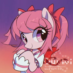 Size: 2000x2000 | Tagged: safe, artist:duvivi, imported from derpibooru, pony, anime, bow, clothes, cute, female, hair bow, madoka kaname, magical girl, mare, ponified, puella magi madoka magica, ribbon, smiling, solo