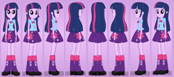 Size: 960x426 | Tagged: safe, artist:rupahrusyaidi, imported from derpibooru, twilight sparkle, equestria girls, clothes, female, front view, full body, rear view, shirt, shoes, side view, skirt, smiling, solo, standing, three quarter view, turnaround