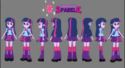 Size: 828x453 | Tagged: safe, artist:rupahrusyaidi, imported from derpibooru, twilight sparkle, equestria girls, clothes, female, front view, full body, gray background, rear view, shirt, shoes, side view, simple background, skirt, smiling, solo, standing, three quarter view, turnaround