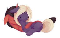 Size: 2892x1812 | Tagged: safe, artist:dusthiel, imported from derpibooru, oc, oc only, earth pony, pony, unicorn, butt, dock, duo, earth pony oc, eyes closed, floppy ears, high res, hooves, horn, lying down, plot, simple background, smiling, tail, transparent background, unicorn oc