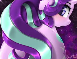 Size: 1500x1150 | Tagged: safe, artist:llametsul, imported from derpibooru, starlight glimmer, pony, unicorn, blushing, butt, colored, covering, cute, eye clipping through hair, female, floppy ears, glimmer glutes, glimmerbetes, lineless, looking at you, looking back, looking back at you, mare, plot, rear view, solo, starry eyes, stars, surprised, tail, tail covering, wingding eyes