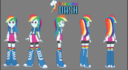 Size: 828x456 | Tagged: safe, artist:rupahrusyaidi, imported from derpibooru, rainbow dash, equestria girls, boots, clothes, gray background, shirt, shoes, simple background, skirt, socks, solo
