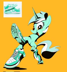 Size: 1909x2048 | Tagged: safe, artist:brdte, imported from derpibooru, lyra heartstrings, pony, unicorn, drip, happy, nike, orange background, perspective, shoes, simple background, smiling, sneakers, solo