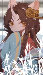 Size: 788x1358 | Tagged: safe, artist:xieyanbbb, imported from derpibooru, oc, oc only, unicorn, blinds, braid, clothes, curved horn, flower, flower in hair, hair beads, horn, looking at you, plant, solo