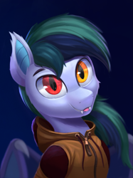 Size: 1193x1596 | Tagged: safe, artist:foxpit, imported from derpibooru, oc, oc only, oc:scrimmy, bat pony, pony, bat pony oc, clothes, heterochromia, looking at you, solo, tongue out