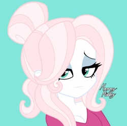 Size: 1640x1626 | Tagged: safe, artist:mommymidday, imported from derpibooru, oc, oc:mommy midday, equestria girls, :3, april fools joke, breasts, bust, cleavage, eyeshadow, icon, lidded eyes, light skin, looking at you, makeup, show accurate, simple background, solo