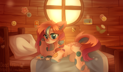 Size: 3783x2211 | Tagged: safe, artist:dedfriend, imported from derpibooru, oc, oc only, earth pony, pony, bed, braid, pillow, solo, sticker, window