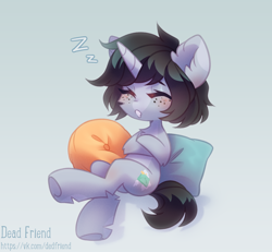 Size: 2826x2607 | Tagged: safe, artist:dedfriend, imported from derpibooru, oc, oc only, pony, unicorn, ambiguous gender, butt, ear fluff, eyes closed, high res, onomatopoeia, pillow, plot, simple background, sleeping, solo, sound effects, zzz