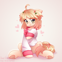 Size: 3216x3200 | Tagged: safe, artist:dedfriend, imported from derpibooru, oc, oc only, earth pony, pony, clothes, female, heart, high res, mare, shirt, simple background, sitting, solo, speedpaint available, underhoof