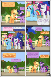 Size: 3255x4838 | Tagged: safe, artist:gutovi, imported from derpibooru, applejack, fluttershy, pinkie pie, princess luna, rainbow dash, rarity, twilight sparkle, alicorn, earth pony, pegasus, pony, unicorn, comic:why me!?, alternate ending, blushing, comic, female, hat, high res, holding hooves, lesbian, mane six, mare, shipping, show accurate, sweet apple acres, twijack, twilight sparkle (alicorn)