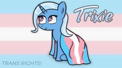 Size: 1280x720 | Tagged: safe, artist:programmerpony, imported from derpibooru, trixie, pony, unicorn, female, flag, happy, krita, mare, no pupils, pride, pride flag, smiling, solo, trans female, trans rights, trans trixie, transgender, transgender pride flag