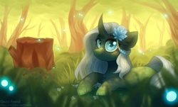 Size: 6688x4040 | Tagged: safe, artist:dedfriend, imported from derpibooru, oc, oc only, pony, unicorn, flower, forest, solo, tree stump