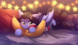 Size: 5000x2920 | Tagged: safe, artist:dedfriend, imported from derpibooru, oc, oc only, oc:skiu, bat pony, pony, banana, bat pony oc, collar, fairy lights, plushie, solo