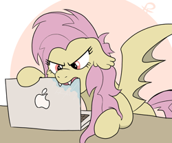 Size: 2435x2029 | Tagged: safe, artist:doodledonutart, imported from derpibooru, fluttershy, bat pony, pony, apple (company), bat ponified, biting, comic, computer, drool, floppy ears, flutterbat, laptop computer, macbook, race swap, solo