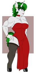 Size: 2000x4000 | Tagged: safe, artist:coatieyay, imported from derpibooru, oc, oc only, oc:baron, anthro, unicorn, big breasts, breasts, choker, clothes, cocktail dress, dress, ear piercing, earring, female, jewelry, lipstick, muscles, muscular female, piercing, stockings, thigh highs