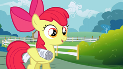 Size: 1280x720 | Tagged: safe, imported from derpibooru, screencap, apple bloom, earth pony, pony, ponyville confidential, female, fence, filly, foal, newspaper, solo
