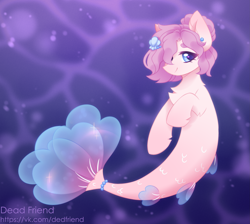 Size: 3481x3120 | Tagged: safe, artist:dedfriend, imported from derpibooru, oc, oc only, earth pony, pony, seapony (g4), absurd resolution, blue eyes, bubble, caustics, chest fluff, crepuscular rays, dorsal fin, female, fins, fish tail, flowing mane, flowing tail, high res, mare, ocean, pink mane, seaponified, seashell, smiling, solo, sparkles, species swap, swimming, tail, underwater, water