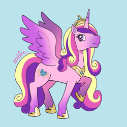 Size: 2048x2048 | Tagged: safe, artist:milliedubois, imported from derpibooru, princess cadance, alicorn, pony, blue background, colored hooves, colored wings, gradient hooves, gradient wings, raised hoof, simple background, solo, wings