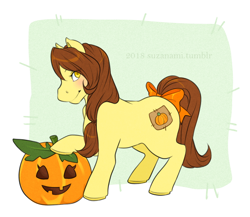 Size: 700x607 | Tagged: safe, artist:suzanami, imported from derpibooru, oc, oc only, oc:pumpkin patch, earth pony, pony, blushing, bow, brown mane, commission, female, g3, halloween, holiday, jack-o-lantern, mare, multicolored mane, ponytail, pumpkin, solo, tail, tail bow, yellow coat, yellow eyes