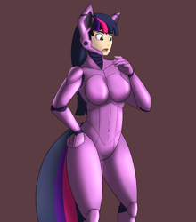 Size: 1904x2160 | Tagged: safe, artist:dsaprox, imported from derpibooru, twilight sparkle, human, brown background, humanized, latex, latex suit, roboticization, simple background, transformation