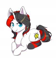 Size: 1226x1310 | Tagged: safe, artist:gittykitty264, imported from derpibooru, oc, oc only, oc:starforce fireline, pony, unicorn, clothes, cute, eyebrows, eyebrows visible through hair, female, looking at you, lying down, mare, simple background, smiling, socks, solo, white background