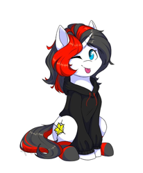 Size: 849x1030 | Tagged: safe, artist:gittykitty264, imported from derpibooru, oc, oc only, oc:starforce fireline, pony, unicorn, :p, clothes, cute, eyebrows, eyebrows visible through hair, female, hoodie, looking at you, mare, multicolored hair, one eye closed, simple background, sitting, smiling, socks, solo, tongue out, white background