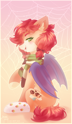 Size: 1604x2768 | Tagged: safe, artist:dedfriend, imported from derpibooru, oc, oc only, bat pony, pony, bat pony oc, clothes, scarf, solo, spider web, striped scarf