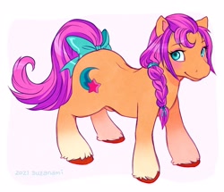 Size: 2048x1761 | Tagged: safe, artist:suzanami, imported from derpibooru, sunny starscout, earth pony, pony, blushing, bow, braid, chonk, eyeshadow, female, g1, g5, g5 to g1, generation leap, makeup, mare, my little pony: a new generation, solo, tail, tail bow, thick, unshorn fetlocks