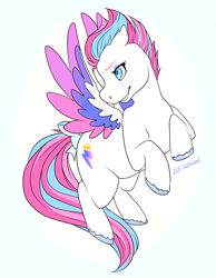 Size: 900x1159 | Tagged: safe, artist:suzanami, imported from derpibooru, zipp storm, pegasus, pony, blue eyes, bow, colored hooves, colored wings, female, flying, g1, g5, g5 to g1, generation leap, mare, multicolored hair, multicolored mane, multicolored wings, my little pony: a new generation, short mane, solo, tail, tail bow, unshorn fetlocks, white coat, wings