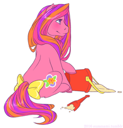 Size: 800x833 | Tagged: safe, artist:suzanami, imported from derpibooru, beachberry, earth pony, pony, bow, bucket, colorful, female, g3, mare, multicolored hair, multicolored mane, neon, pink coat, sand, shovel, simple background, sitting, solo, tail, tail bow, white background