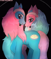 Size: 3665x4202 | Tagged: safe, artist:zadrex, imported from derpibooru, aloe, lotus blossom, earth pony, pony, alternate hairstyle, blue eyes, choker, dark, duo, glowing, grin, headband, light skin, long hair, long mane, looking at you, makeup, reflection, shiny, simple background, smiling, spa twins, standing