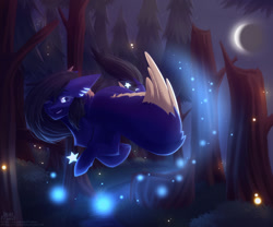 Size: 1600x1333 | Tagged: safe, artist:dedfriend, imported from derpibooru, oc, oc only, firefly (insect), insect, pegasus, pony, forest, moon, night, solo