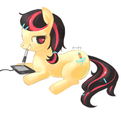 Size: 945x879 | Tagged: safe, artist:amy30535, imported from derpibooru, oc, oc only, earth pony, pony, earth pony oc, eyelashes, female, grin, mare, mouth hold, signature, simple background, smiling, solo, stylus, tablet, transparent background