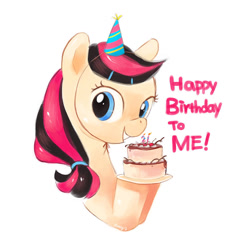 Size: 800x800 | Tagged: safe, artist:amy30535, imported from derpibooru, oc, oc only, earth pony, pony, birthday cake, bust, cake, earth pony oc, eyelashes, female, food, happy birthday, hat, mare, party hat, simple background, smiling, solo, white background